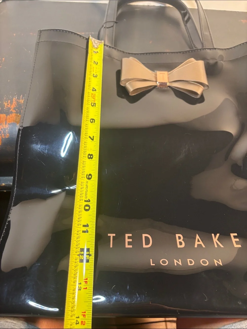 NWT Ted Baker Black Patent Icon Tote Bag with Gold Bow